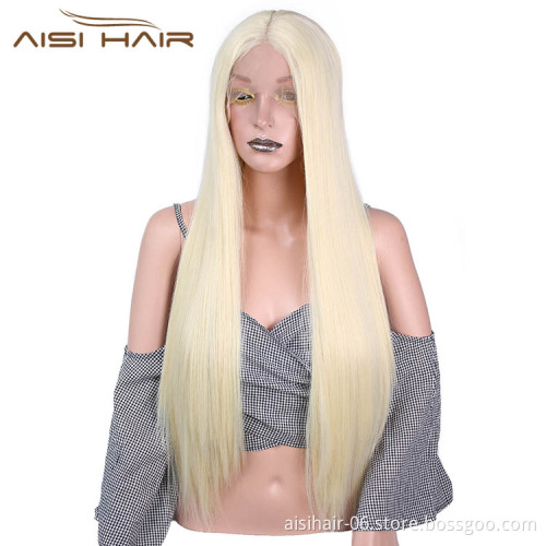 Aisi Hair Long Silky Straight Blonde Wig Heat Synthetic Resistant Fiber Lace Front Wig Middle Part Lace Frontal Wigs For Women